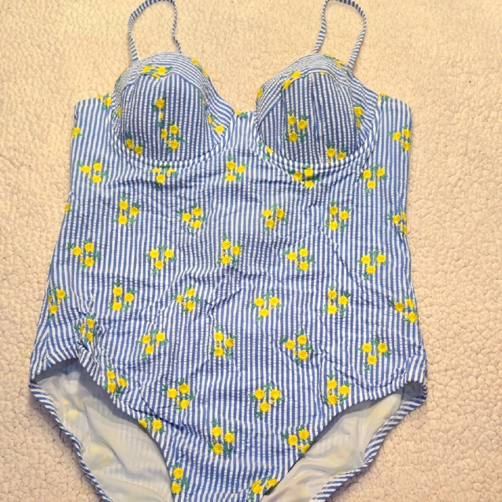 J. Crew Striped and Yellow Floral One Piece Swimsuit